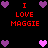 Pixelated icon with red text "I LOVE MAGGIE" and purple/pink hearts on black background, showing animation changes in heart colors.