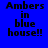 Pixelated text "Ambers in blue house!!" on blue background with light blue highlight bars shifting across the text.
