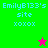 Pixelated text 'EmilyB133's site xoxox' on green and pink backgrounds with a star symbol.