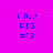 Four identical pixelated text blocks on a bright pink background, each containing 'i luv', 'PIG', and '#13' with one block highlighted in cyan.