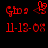 Red pixelated text and symbols on black background, two identical pairs of 'Gtdg' with heart or arrow shapes above date strings below.
