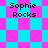 Pixelated text "Sophie Rocks" appears on cyan and magenta geometric backgrounds with varying arrangements