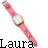 A pink wristwatch with a white face appears in multiple positions, each accompanied by the text 'Laura' and varying colored star symbols.