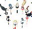 Pixel art animation of a circle of anime-style figures holding hands, with central white shapes changing across frames.