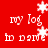 Red background with white pixelated text 'my log' and 'to save' arranged in a , animated snowflakes appear at various positions across the