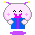 Pixelated character with pink hair, black X eyes, and blue gift box body, transitioning from static pose to animated sparkles.