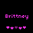 Pixelated pink text 'Brittney' above a of five heart symbols on black background, with one purple heart among four pink hearts