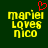 Yellow pixelated text 'mariel loves nico' on dark green background with red heart symbol above left side of text.
