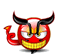 Red circular devil icon with black horns, yellow teeth, and a small red tail; animated sequence shows head turning left to right while mouth remains fixed.