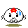 A 4-frame pixel art animation of a white skull character with red flower on head, blue stripes on cheek, and black eyes, showing subtle pose changes across frames.