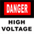 A static pixelated image displays a red rectangular sign with white text reading "DANGER" above black text on a white background reading "HIGH VOLTAGE".