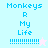 Pixelated text displays "Monkeys R My Life" with dotted lines and stars on light blue and pink backgrounds.