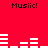 Red background with four instances of the text "Music!" in black pixelated font and white audio equalizer bars below each instance.