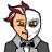 Pixelated character with red hair, brown eyes, and a gray suit featuring a black bow tie.