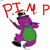 Pixelated static icon of a purple cartoon character with green belly holding red balloon letters 'PIMP' against white background.