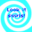 Four identical blue and white spiral patterns with the text "Look it swirls!" in dark blue pixelated font, arranged in a on a light background