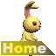 Animated yellow bunny with pink inner ears and red nose stands on a brownish-yellow 'Home' banner, displaying six distinct poses against gray background.