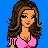 Pixel art buddy icon featuring a cartoon woman with long brown hair in a pink top against a solid blue background, accompanied by pixelated text reading "God made me pretti what happened 2 u".