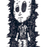 A black-and-white cartoon character with large oval eyes and a small mouth appears in five showing facial expression changes