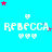 Pixelated blue background with repeated 'REBECCA' text, heart symbols, and scattered stars in pink, purple, and light blue.