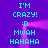 Pixelated cyan text on purple background with pink motion trails, displaying 'I'M CRAZY!', ':D', 'MWAH', 'HAHAHA' in repeated sequence.