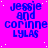 A static image with a bright pink background and white dots, displaying repeated blue text reading "jessie and corinne LYLAS" in three