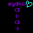 Purple text 'sydni' with cyan heart symbol above four purple emoticons on black background.