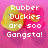Pixelated image of two rubber duckies on pink background with text "Rubber Duckies are 500 Gangsta!" and smiley face "=]".
