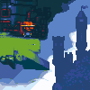 Pixel art animation of a castle with green terrain, blue sky, and white clouds; the central tower's flag changes from solid to waving.