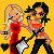 Pixel art of two figures dancing with guitars on a yellow background, featuring animated heart symbols and text changes.