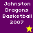 Pixelated text reads "Johnston Dragons Basketball 2007" with a yellow star on purple background and a purple star on yellow background.