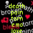 Animated icon with black background displaying yellow text words 'death', 'pain', 'torm', 'emo', 'love' in various positions, red heart symbols, and white skull-and-crossbones icons.