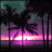 Pixelated static image of a tropical sunset scene with palm trees silhouetted against vibrant pink and purple sky gradients over water.