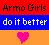 A static pixel art icon with three horizontal color bands: red top, blue middle, orange bottom. Black text "Armo Girls" on red band; white text "do it better" on blue band; pink heart symbol centered on orange band.