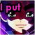 Pixelated anime-style character with purple hair and red mask appears in six with changing text overlays and expressions