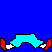 Pixelated character in green shirt and cyan pants performs jumping motion against blue background with red shoes visible.