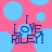 Pixelated text 'I LOVE RILEY!' in blue on pink and light blue background with large circles.
