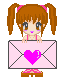 Pixel art character with brown pigtails and pink hair ties holds a pink envelope with a bright pink heart symbol.