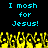 Pixelated text reads "I mosh for Jesus!" in cyan on black background with yellow pixelated flames below.