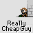 Pixel art animation of two characters in a gray brick background with text bubbles displaying 'Really Cheap Guy', 'GOT ANY', 'CHANGE?', and 'PLENTY!' in sequence.