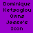 Pixelated text on a purple background reads "Dominique Ketsoglou Owns Jesse's Icon" in four with varying background shades