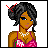 Pixel art contact sheet showing three frames of an animated buddy icon featuring a cartoon woman and red text on dark backgrounds.