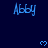 Blue text 'Abby' and small blue hearts on a dark blue background with a light gray rectangle at the bottom right.