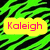 Green and black tiger-stripe background with two yellow speech bubbles containing pink text 'Kaleigh' and 'Nicole', and a yellow heart-shaped icon with pink '<3' symbol.