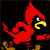 Pixelated red bird with yellow beak and black eye stands against black background, wings slightly raised, tail extended left, feet on brown ground.