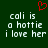 Green background with white pixelated text reading 'cali is a hottie i love her' and a red pixelated heart symbol above the text.