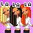 Pixel art icon of three cartoon women with distinct hair colors standing side-by-side against a purple checkered background, each with "LA" text above their head.