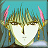 Pixelated anime-style character with green hair, pink side horns, and gold earrings against a teal background, next to black with white text
