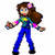 Pixelated character with long brown hair, blue eyes, and a pink flower in hair, wearing a green and blue top with yellow star, blue pants, and black shoes, arms outstretched.