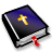 Pixelated icon of a closed book with dark blue cover, black spine, white pages, and red bookmark; yellow cross symbol on cover.